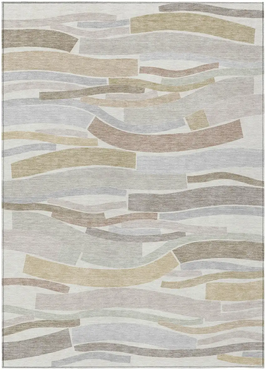 Ivory And Silver Striped Washable Indoor Outdoor Area Rug Photo 2