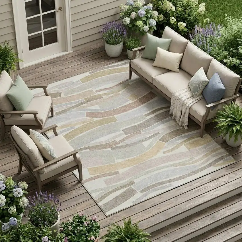 Ivory And Silver Striped Washable Indoor Outdoor Area Rug Photo 1