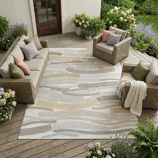 Ivory And Silver Striped Washable Indoor Outdoor Area Rug Photo 1