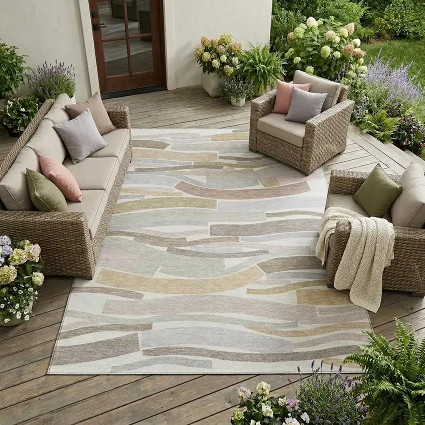 Ivory And Silver Striped Washable Indoor Outdoor Area Rug Photo 1