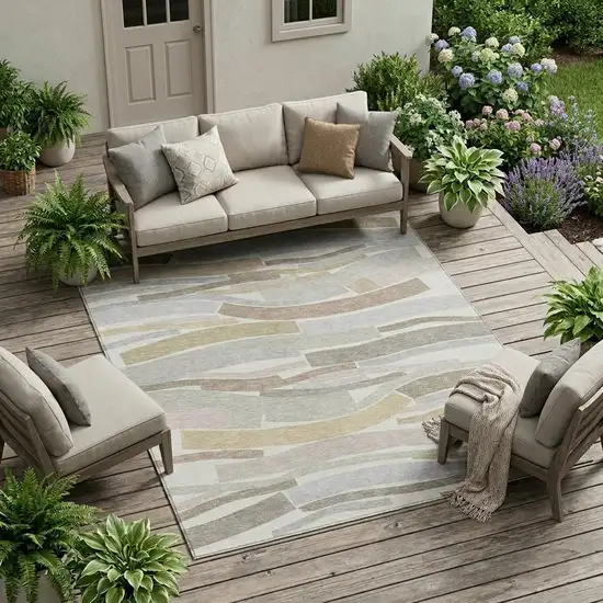 Ivory And Silver Striped Washable Indoor Outdoor Area Rug Photo 1