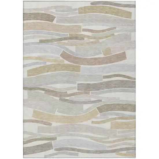 Ivory And Silver Striped Washable Indoor Outdoor Area Rug Photo 2