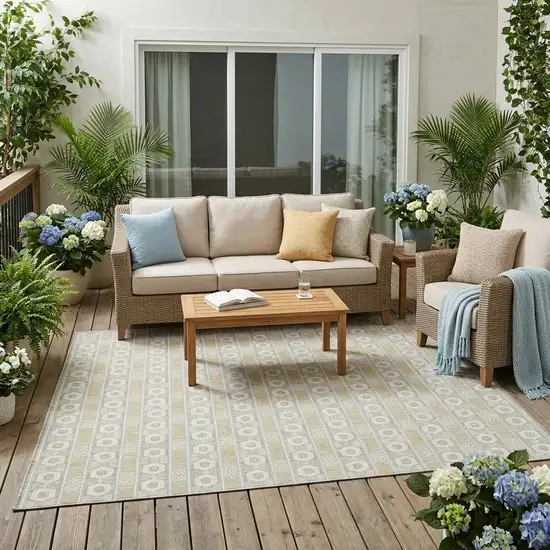 Ivory And Silver Striped Washable Indoor Outdoor Area Rug Photo 1
