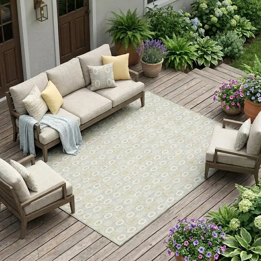 Ivory And Silver Striped Washable Indoor Outdoor Area Rug Photo 1