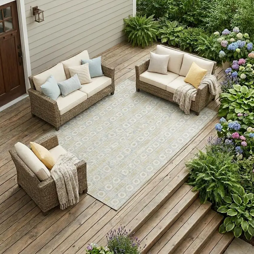 Ivory And Silver Striped Washable Indoor Outdoor Area Rug Photo 1