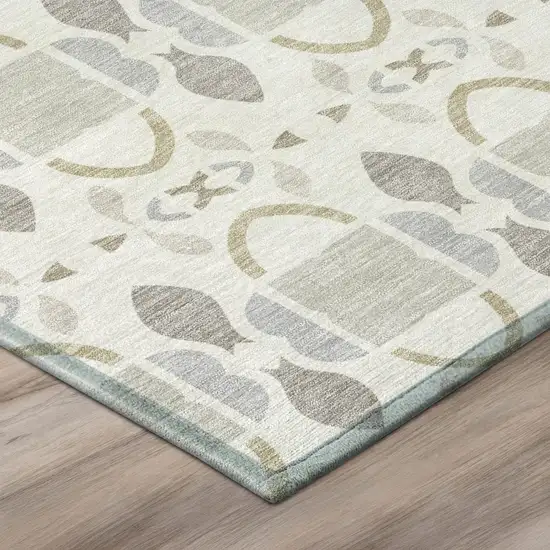 Ivory And Silver Striped Washable Indoor Outdoor Area Rug Photo 4