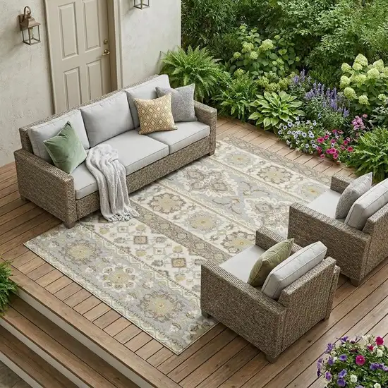 Ivory And Silver Tribal Washable Indoor Outdoor Area Rug Photo 1