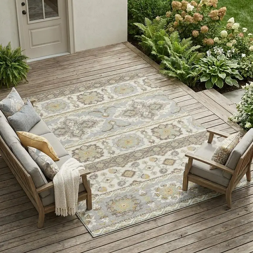 Ivory And Silver Tribal Washable Indoor Outdoor Area Rug Photo 1