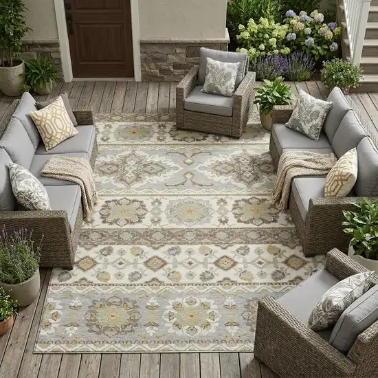 Ivory And Silver Tribal Washable Indoor Outdoor Area Rug Photo 1