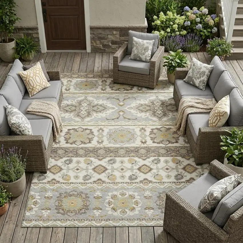 Ivory And Silver Tribal Washable Indoor Outdoor Area Rug Photo 1