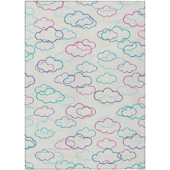 Ivory And Sky Blue Abstract Washable Indoor Outdoor Area Rug Photo 1