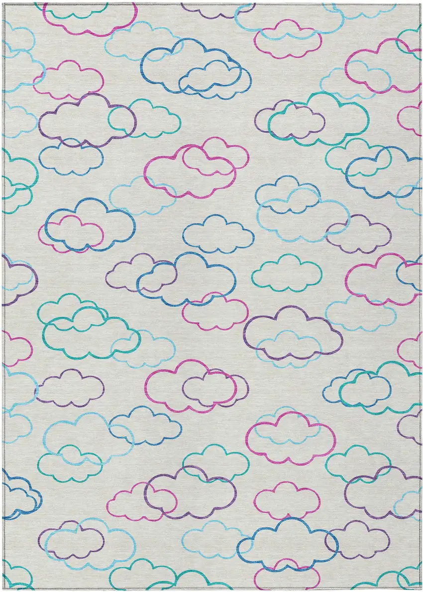 Ivory And Sky Blue Abstract Washable Indoor Outdoor Area Rug Photo 1