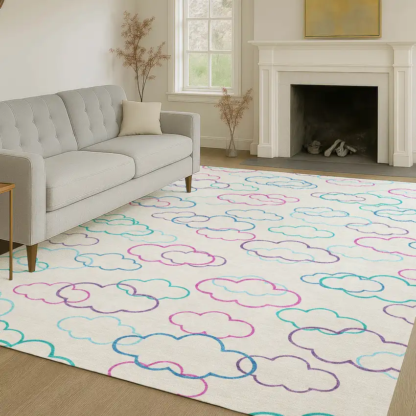 Ivory And Sky Blue Abstract Washable Indoor Outdoor Area Rug Photo 6