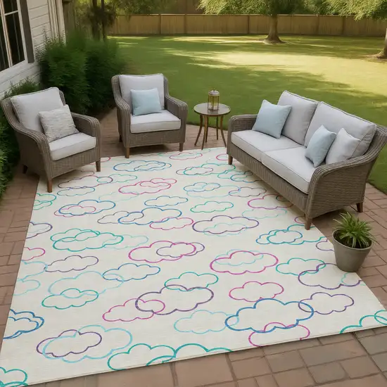 Ivory And Sky Blue Abstract Washable Indoor Outdoor Area Rug Photo 4