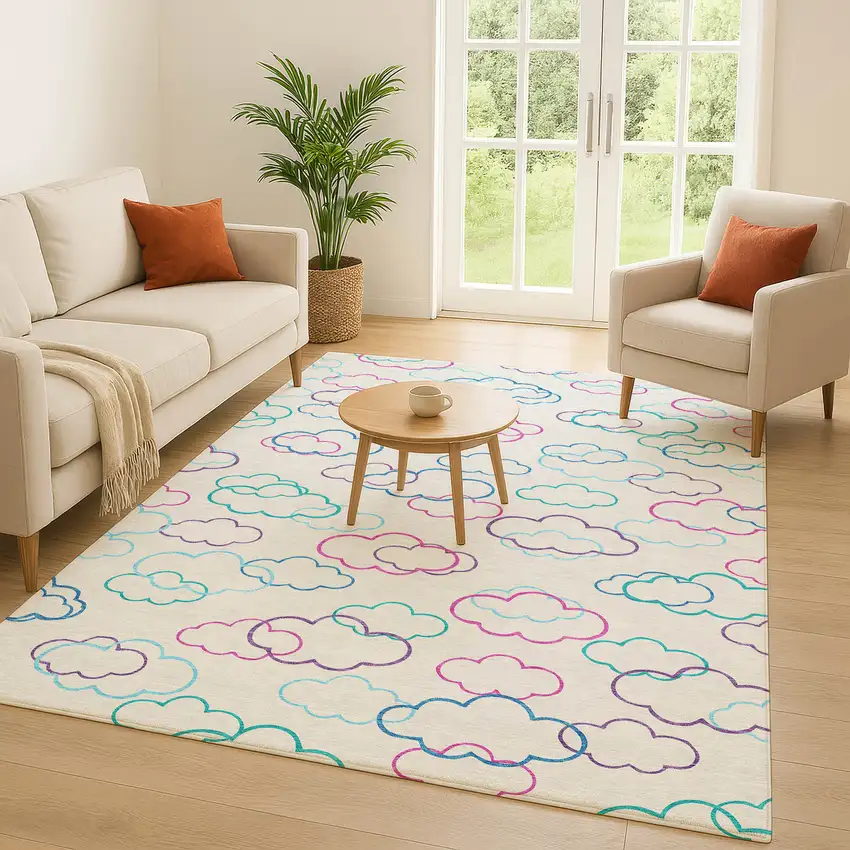 Ivory And Sky Blue Abstract Washable Indoor Outdoor Area Rug Photo 5