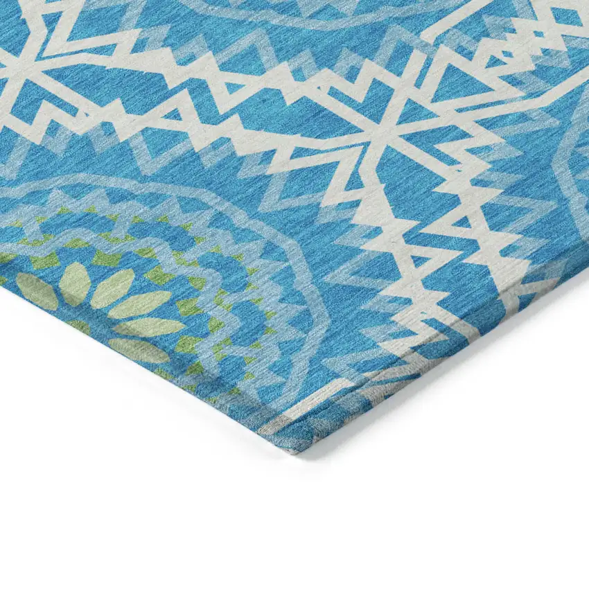 Ivory And Sky Blue Floral Medallion Washable Indoor Outdoor Area Rug Photo 4