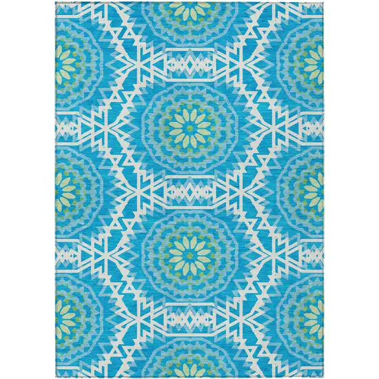 Ivory And Sky Blue Floral Medallion Washable Indoor Outdoor Area Rug Photo 2