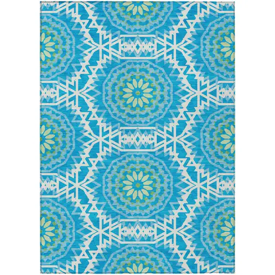 Ivory And Sky Blue Floral Medallion Washable Indoor Outdoor Area Rug Photo 2