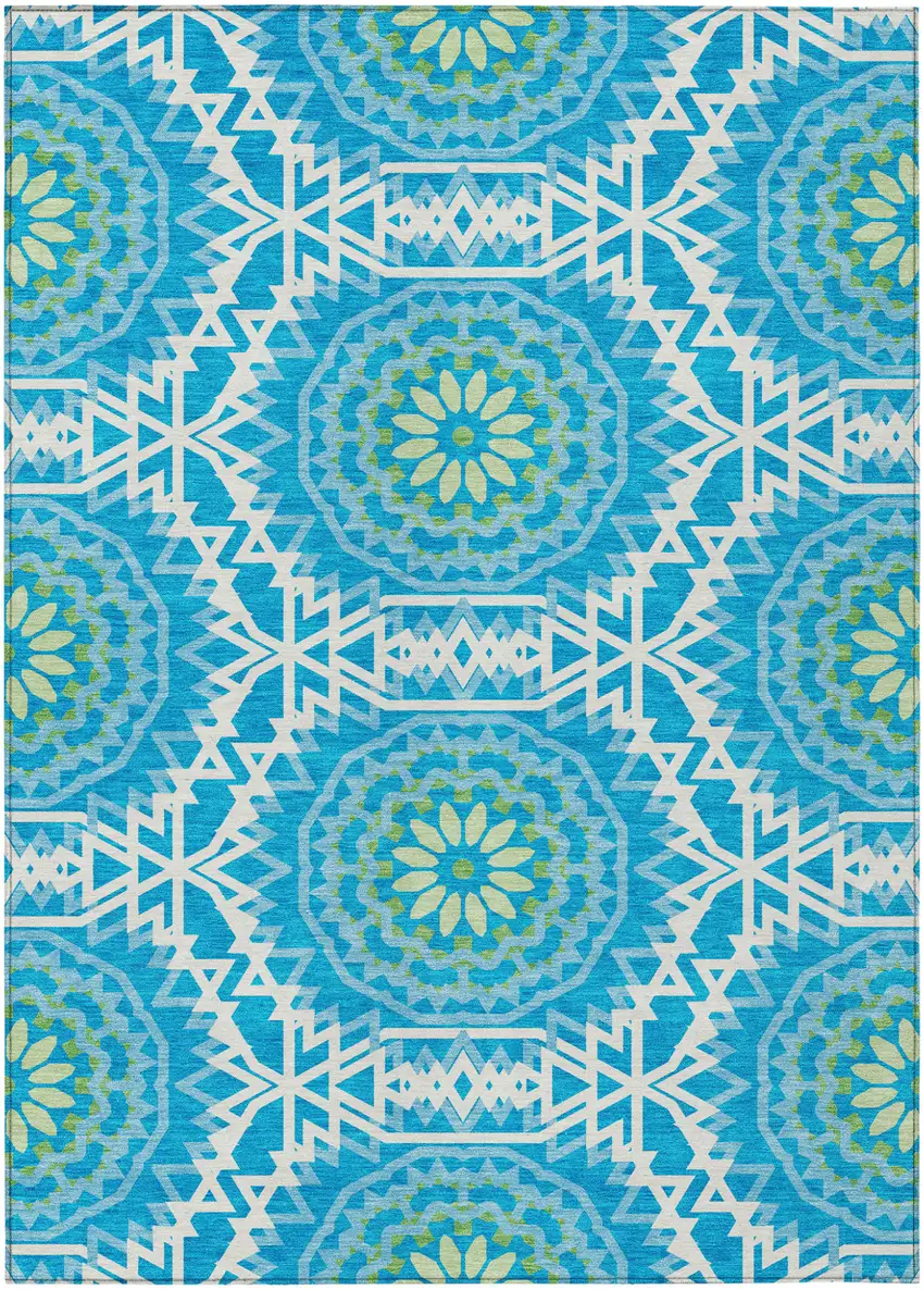 Ivory And Sky Blue Floral Medallion Washable Indoor Outdoor Area Rug Photo 2