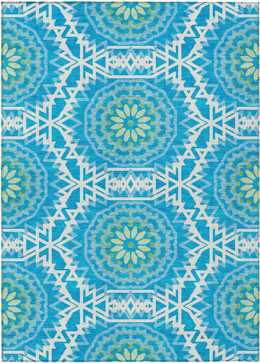 Ivory And Sky Blue Floral Medallion Washable Indoor Outdoor Area Rug Photo 2