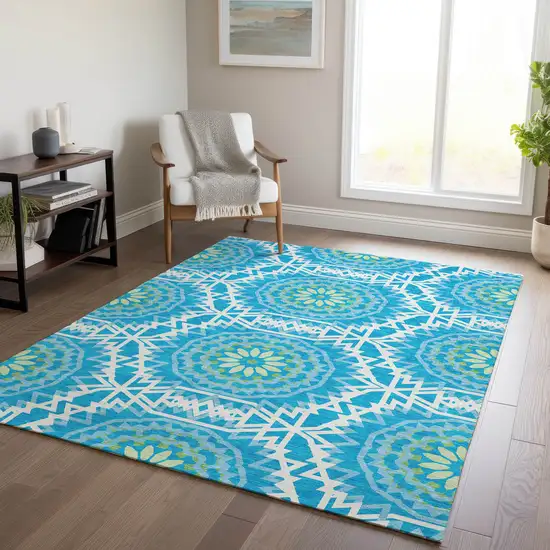 Ivory And Sky Blue Floral Medallion Washable Indoor Outdoor Area Rug Photo 8