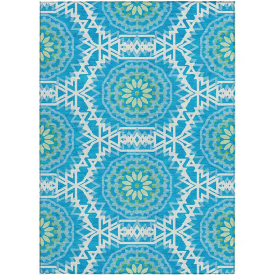 Ivory And Sky Blue Floral Medallion Washable Indoor Outdoor Area Rug Photo 6