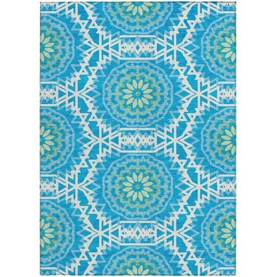 Ivory And Sky Blue Floral Medallion Washable Indoor Outdoor Area Rug Photo 6