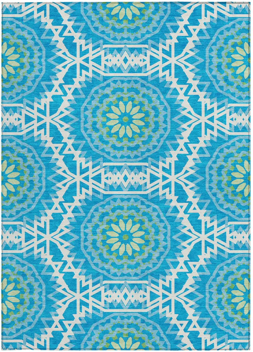 Ivory And Sky Blue Floral Medallion Washable Indoor Outdoor Area Rug Photo 6