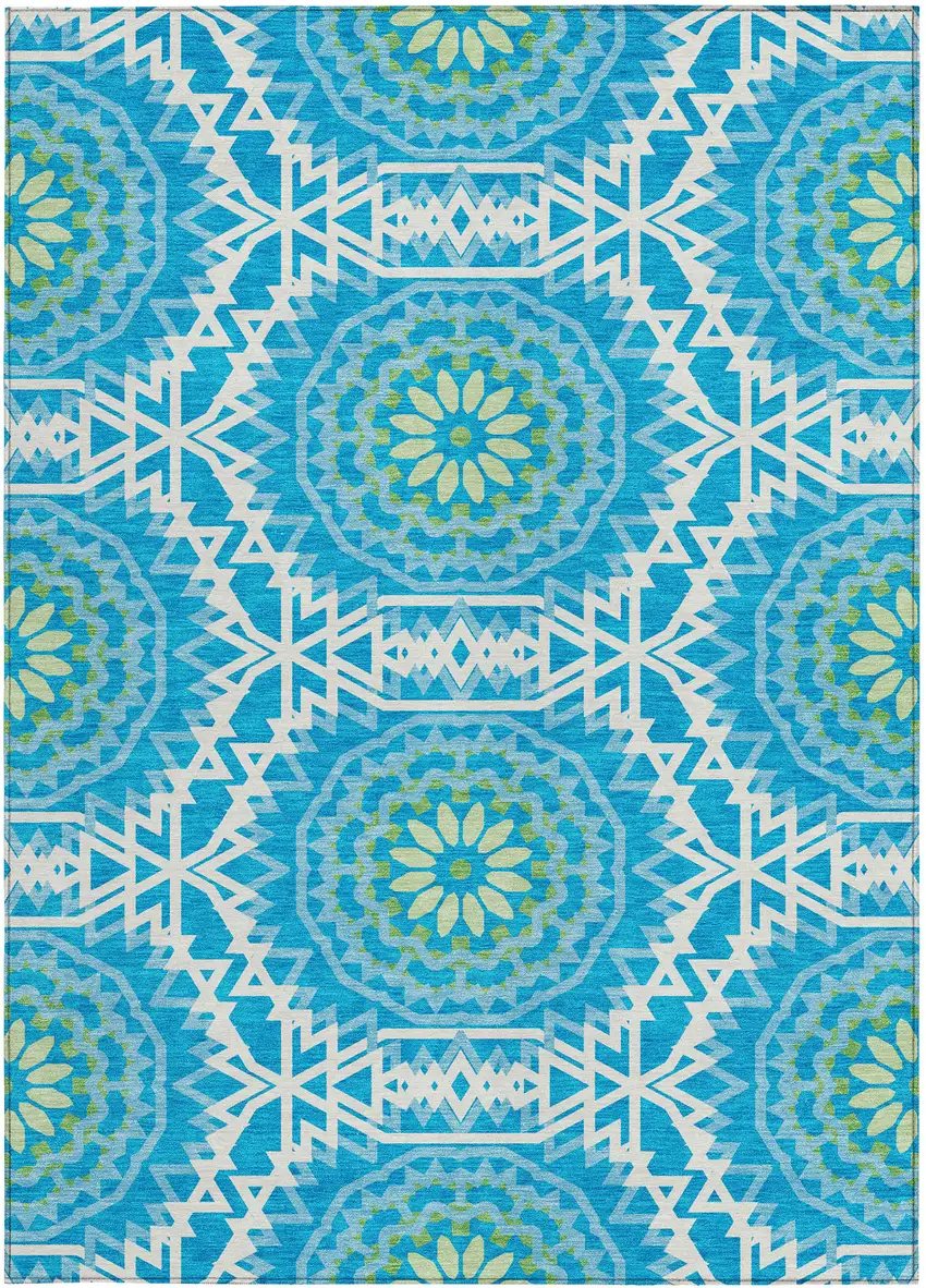 Ivory And Sky Blue Floral Medallion Washable Indoor Outdoor Area Rug Photo 6