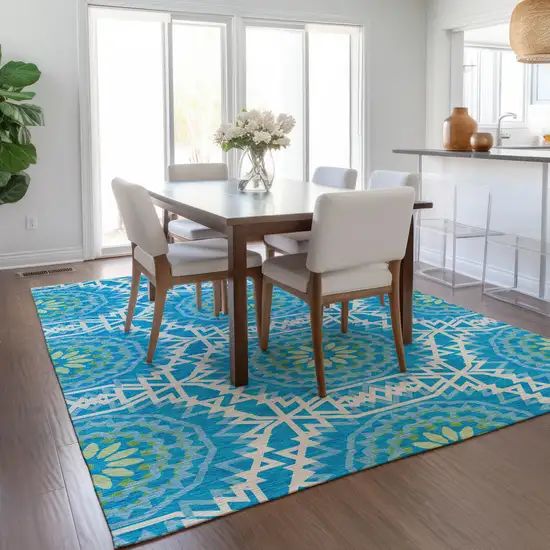 Ivory And Sky Blue Floral Medallion Washable Indoor Outdoor Area Rug Photo 9