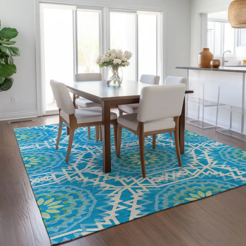Ivory And Sky Blue Floral Medallion Washable Indoor Outdoor Area Rug Photo 9