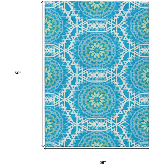 Ivory And Sky Blue Floral Medallion Washable Indoor Outdoor Area Rug Photo 3