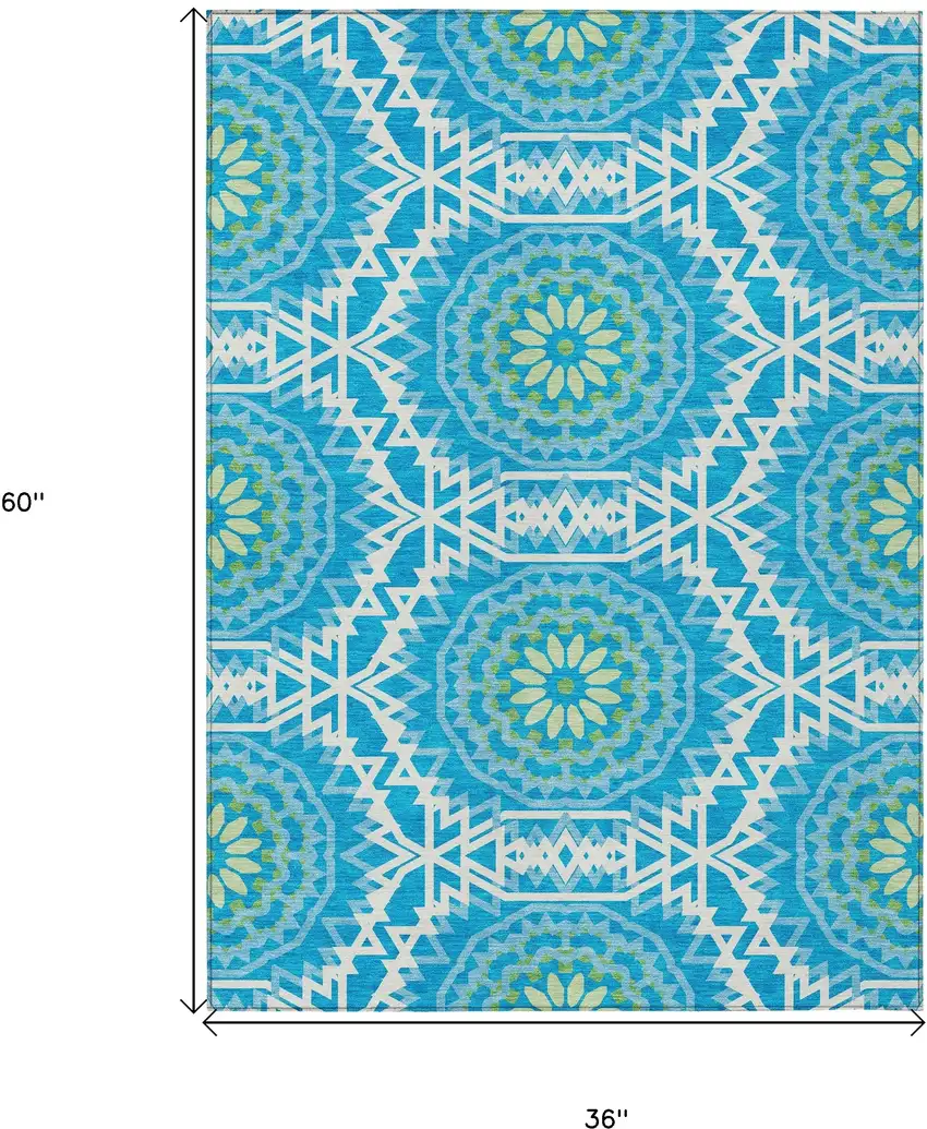Ivory And Sky Blue Floral Medallion Washable Indoor Outdoor Area Rug Photo 3