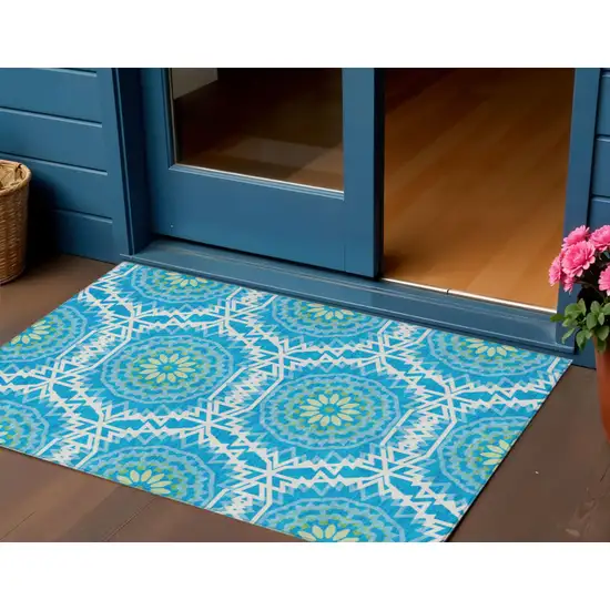 Ivory And Sky Blue Floral Medallion Washable Indoor Outdoor Area Rug Photo 1