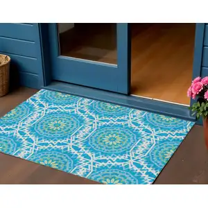 Photo of Ivory And Sky Blue Floral Medallion Washable Indoor Outdoor Area Rug