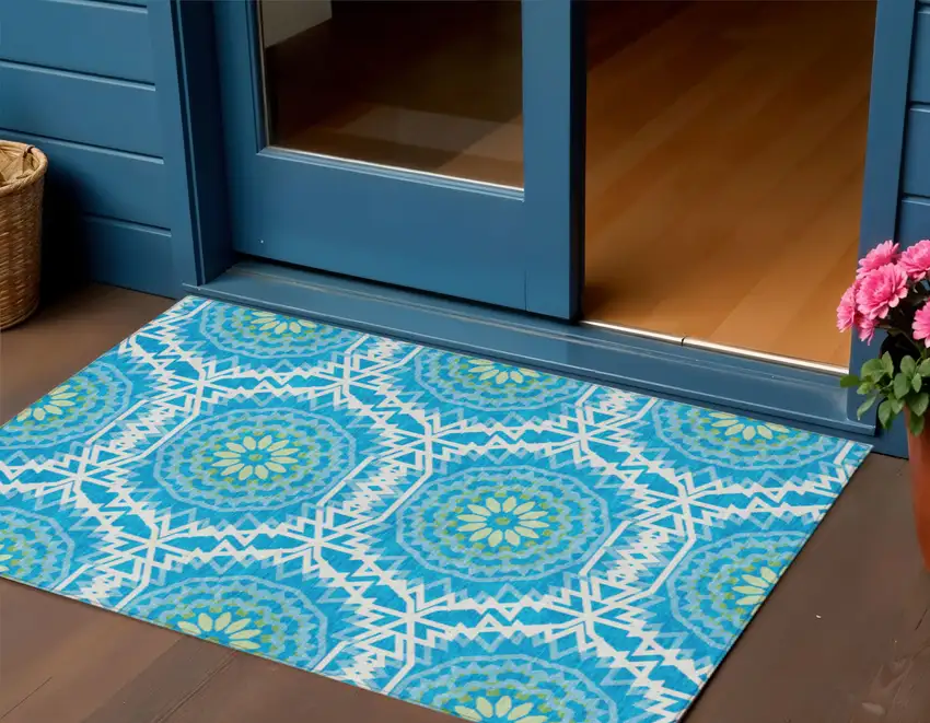 Ivory And Sky Blue Floral Medallion Washable Indoor Outdoor Area Rug Photo 1