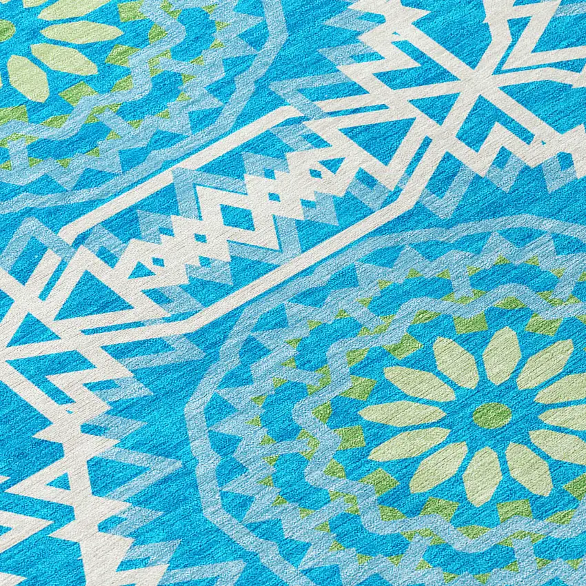 Ivory And Sky Blue Floral Medallion Washable Indoor Outdoor Area Rug Photo 5
