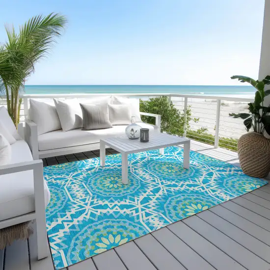 Ivory And Sky Blue Floral Medallion Washable Indoor Outdoor Area Rug Photo 9