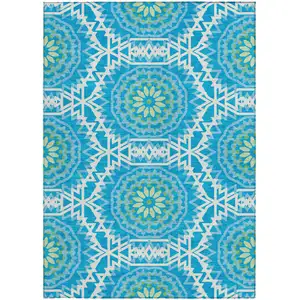 Photo of Ivory And Sky Blue Floral Medallion Washable Indoor Outdoor Area Rug