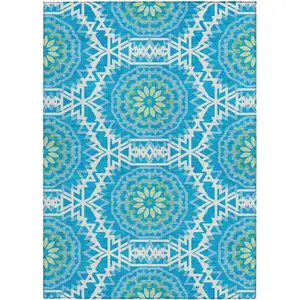 Photo of Ivory And Sky Blue Floral Medallion Washable Indoor Outdoor Area Rug