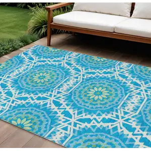Photo of Ivory And Sky Blue Floral Medallion Washable Indoor Outdoor Area Rug