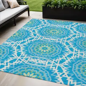 Photo of Ivory And Sky Blue Floral Medallion Washable Indoor Outdoor Area Rug