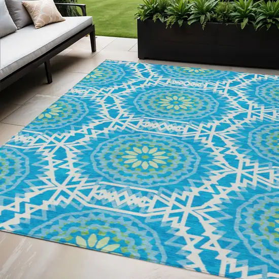 Ivory And Sky Blue Floral Medallion Washable Indoor Outdoor Area Rug Photo 1