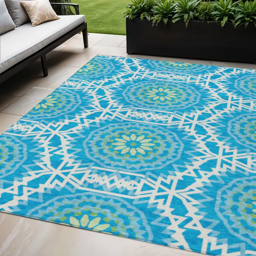 Ivory And Sky Blue Floral Medallion Washable Indoor Outdoor Area Rug Photo 1