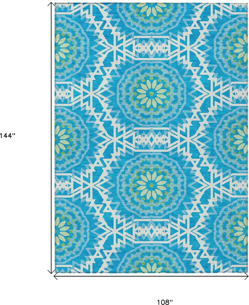 Ivory And Sky Blue Floral Medallion Washable Indoor Outdoor Area Rug Photo 3