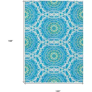 Photo of Ivory And Sky Blue Floral Medallion Washable Indoor Outdoor Area Rug