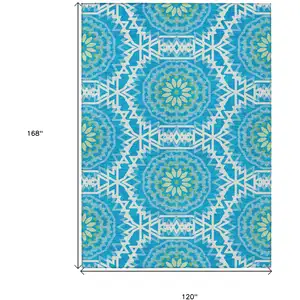 Photo of Ivory And Sky Blue Floral Medallion Washable Indoor Outdoor Area Rug