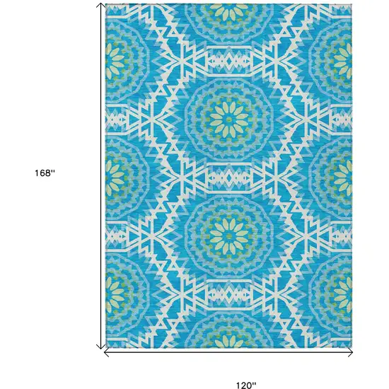 Ivory And Sky Blue Floral Medallion Washable Indoor Outdoor Area Rug Photo 3