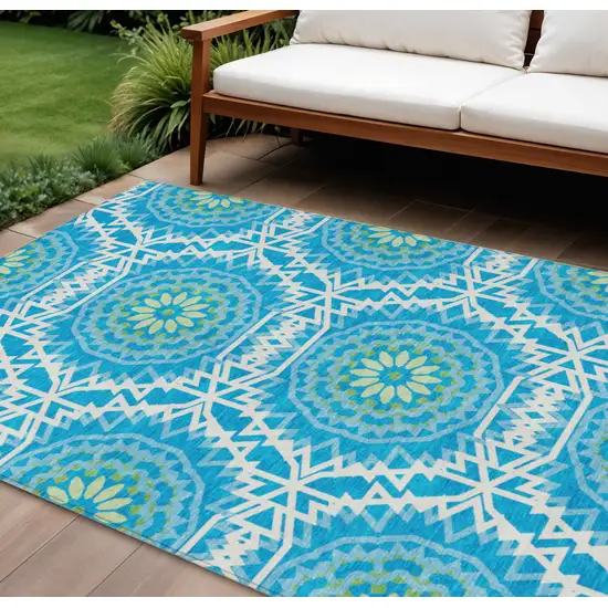 Ivory And Sky Blue Floral Medallion Washable Indoor Outdoor Area Rug Photo 1