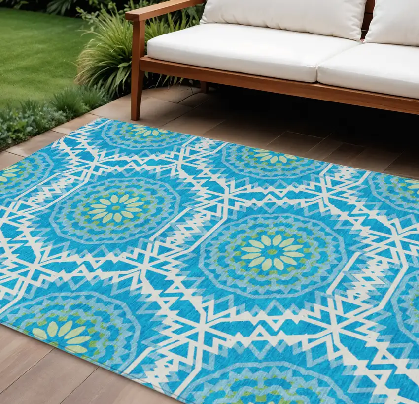 Ivory And Sky Blue Floral Medallion Washable Indoor Outdoor Area Rug Photo 1